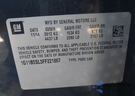 2015 Chevrolet Malibu Ls from USA, damaged, VIN 1G11B5SL3FF221867